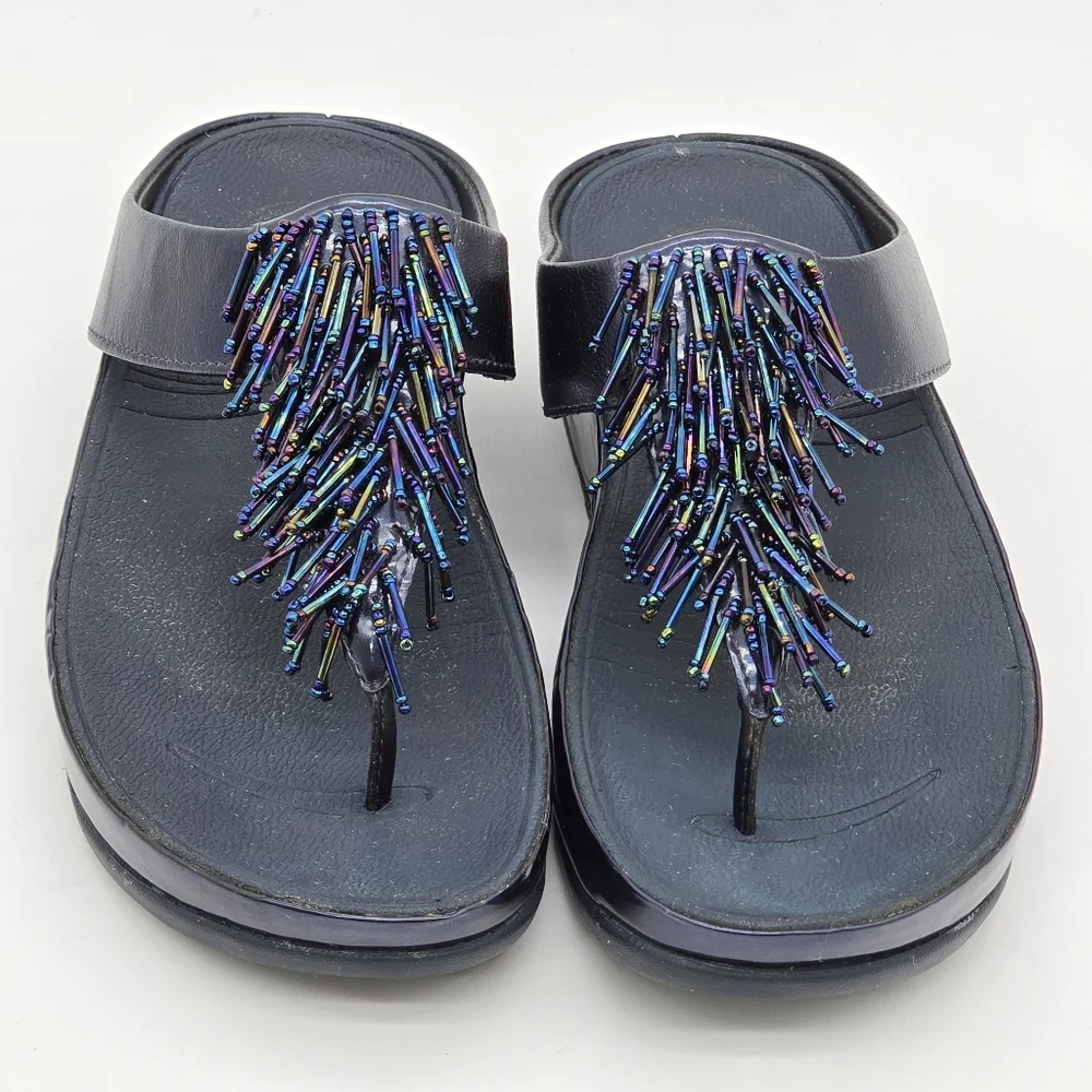 FitFlop Cha Cha Rumba Sandals Sz 8 Blue Leather Beaded Fringe Thong Platform - Picture 3 of 14